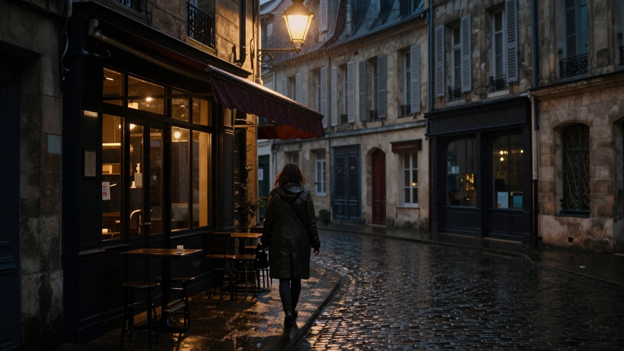 A woman walking away from a restaurant in rainy Bordeaux at night, blending into the quiet urban evening.