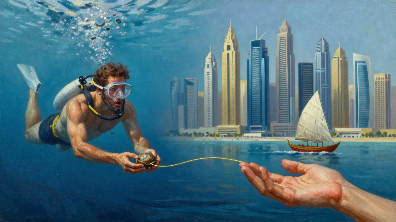 Pearl diver transitioning into modern Dubai skyline, connected by a golden trade thread.