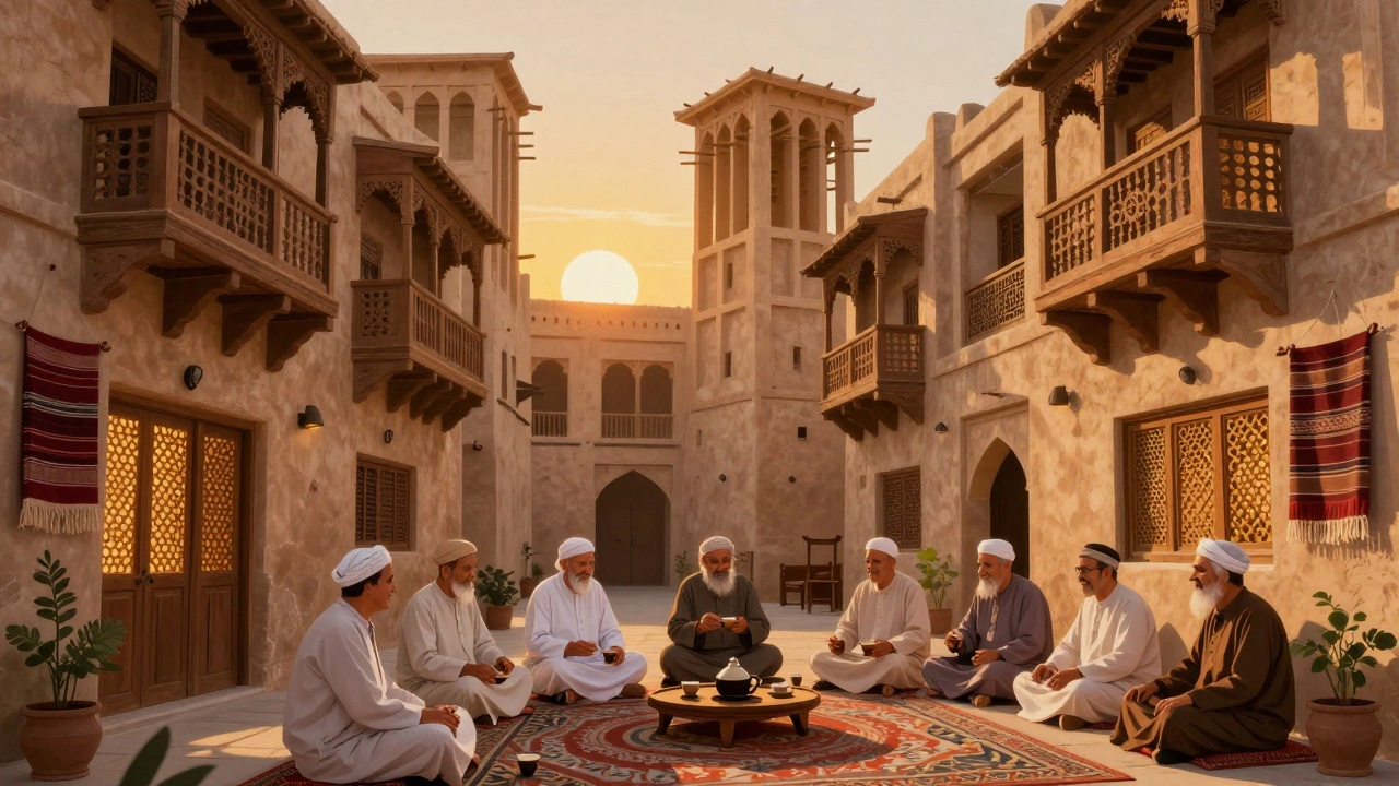 Traditional Al Fahidi alley with elders in a majlis sharing coffee under warm light.