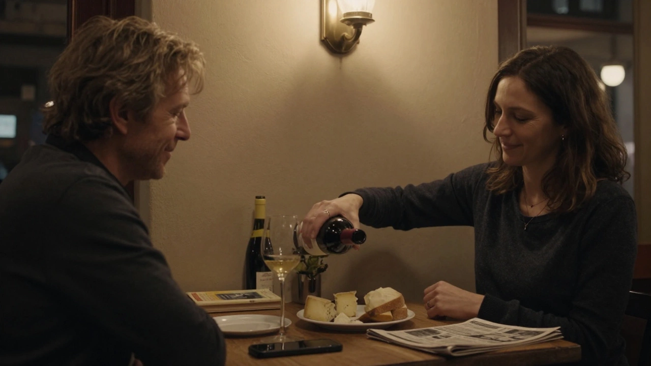 Two people sharing wine in a cozy café, no phones, no signs of transaction, only quiet conversation.